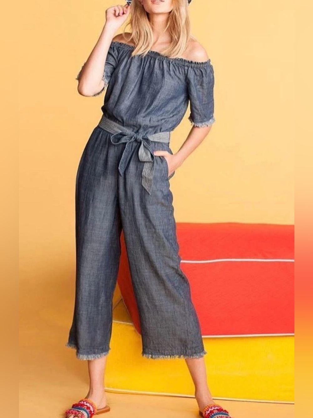 Trina Turk Off-Shoulder Chambray Jumpsuit in Blue, approx.S/M,Boho-Chic,Farmgirl